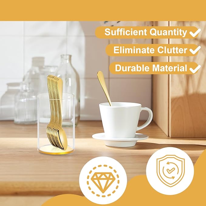 12 Pcs Gold Coffee Spoons with Holder 4.92 Inch Demitasse Espresso Spoons Mini Coffee Spoons Gold Tiny Dessert Spoons Small Tea Spoon Stainless Steel Acrylic Cylinder Holder for Party Coffee Bar Home