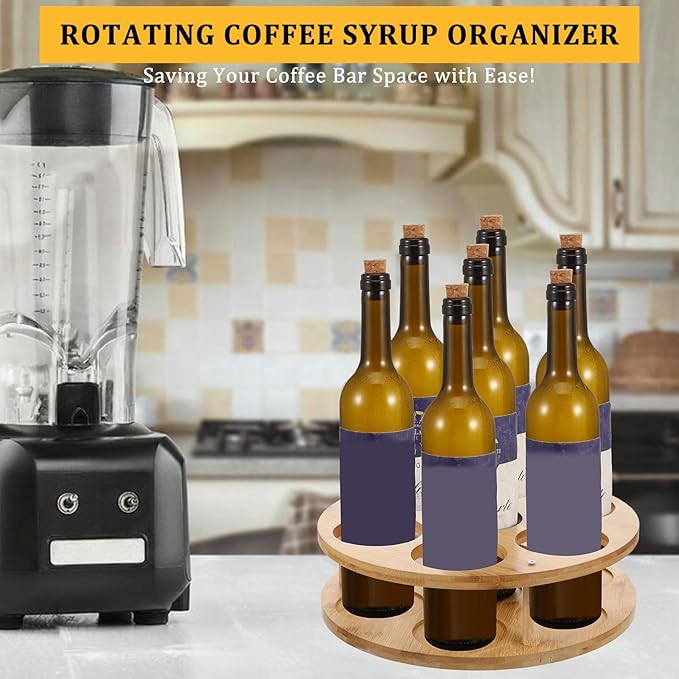 Wooden Rotating Coffee Syrup Organizer Rack, Syrup Bottle Stand Holder for Coffee Syrup Station, 7 Bottles Storage Display Turntable Tray&Lazy Susan for Syrup, Liquor Wine in Kitchen Countertop