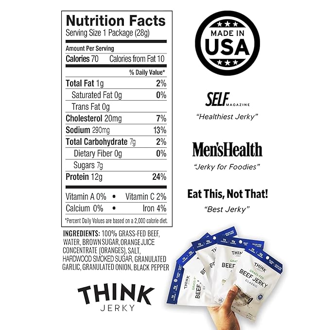 Think Jerky Classic Beef Jerky, Grass-Fed High Protein Beef, Gluten Free, No Antibiotics or Nitrates, Healthy Chef Crafted Recipe, Low Calorie and Low Fat - 1.0 oz Bags, 12 Pack