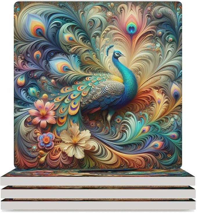 Square-4PCS Peacock Drink Coasters, Square Modern Ceramic Absorbent Coasters, Beautiful Colorful Floral Peacock Art Pattren Decor Desk Coffee Table Coaster for Beverage Cup Tea Coasters