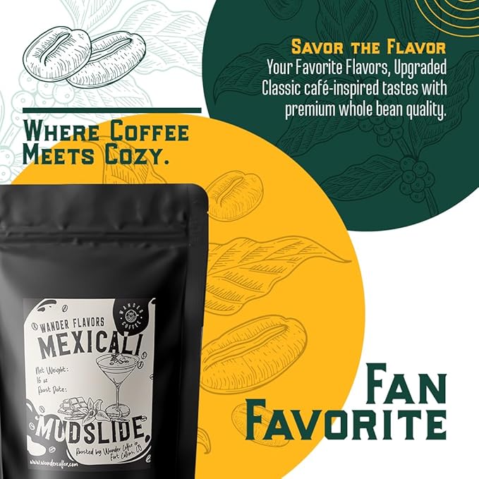 Mexicali Mudslide Flavored Coffee – Decadent Mocha, Sweet Cream & Hints of Caramel | Whole Bean, Ground, or Decaf | Medium Roast Arabica | Gourmet Dessert-Inspired Blend | 1lb Bag by Wander Coffee