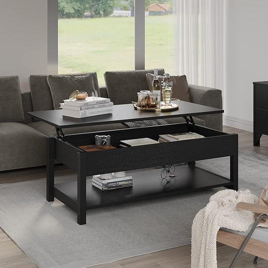 Panana Lift Top Coffee Table with Hidden Compartment and Open Shelf, Lift Tabletop Pop-Up Tea Table for Living Room, 45.28" L, Black