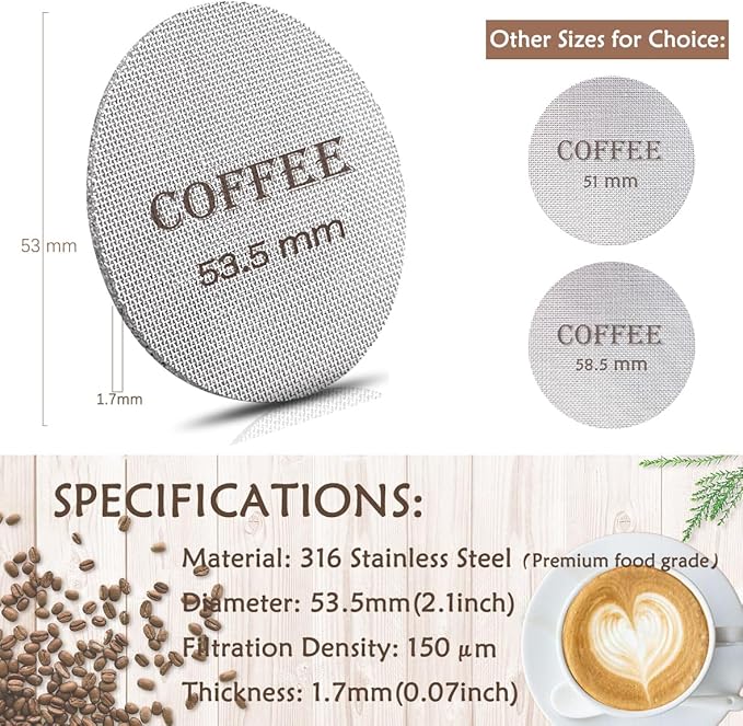 Puck Screen 53.5mm Reusable Puck Screen for Espresso Portafilter, 1.7mm Thickness 150μm 316 Stainless Steel Screen Filter Basket Compatible with Espresso Machine