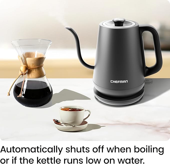 Chefman Gooseneck Electric Kettle, 0.8L Pour Over Tea Kettle for Coffee and Tea, One-Touch Operation, Boil-Dry Protection, Auto Shut-Off, Ultra-Fast Hot Water Boiler – Black (Renewed)