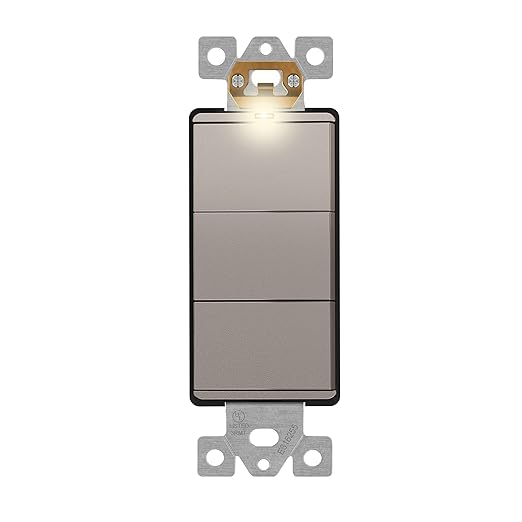 LIDER Minimalist Design Matte Finish Lighted Triple Switch, Combination Frameless Decorator Switch with Locator Light, Ground Terminal, Single Pole, 15A 120-277V, UL Listed, LCS3-1P-NK, Nickel