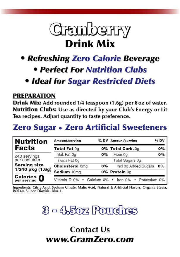GramZero Cranberry Zero Calorie Sugar Free Drink Mix, Great For Nutrition Club Loaded Tea, Stevia Sweetened