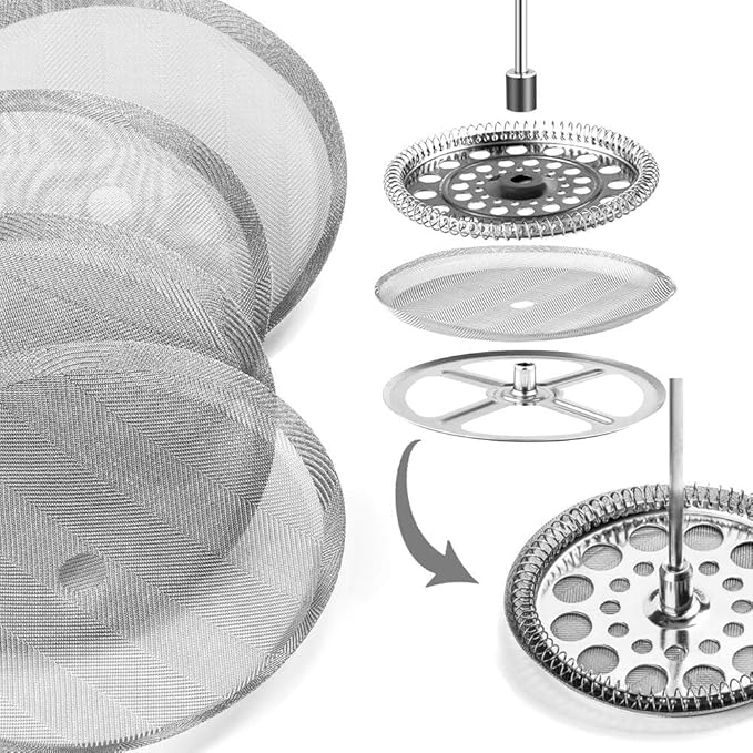 ACKLLR 4 Pack French Press Replacement Filter Screen,Reusable Stainless Steel Mesh Filters for Universal 1000 ml / 34 oz / 8 cup French Press Coffee Makers