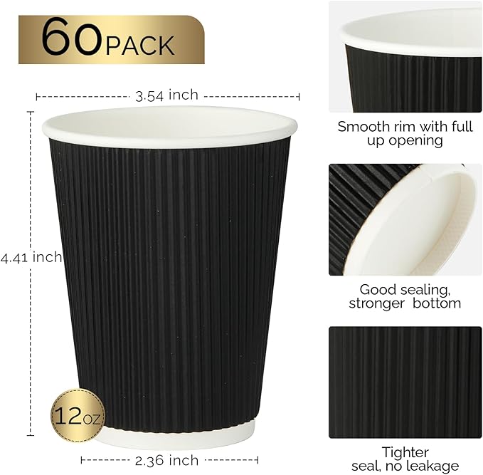 JollyPack 60 Pack 12 oz Paper Coffee Cups, Black Disposable Beverage Cups with Insulated Ripple Wall for Coffee, Tea, and Hot Chocolate