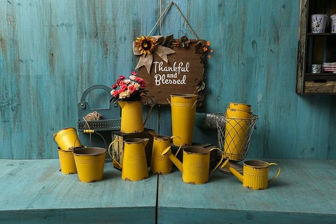 APSOONSELL French Style Shabby Chic Vase Metal Flower Vase Vintage Jug Rustic Farmhouse Decor for Home, Yellow