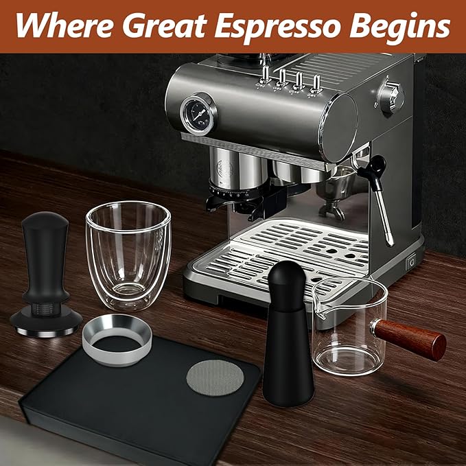7 Pcs 53mm Espresso Accessories Kit, Spring Loaded Calibrated Tamper, WDT Tool, Coffee Measuring & Espresso Cup and Tamper Mat, Puck Screenr & Dosing Funnel, Fit 53mm Espresso Machine Accessories