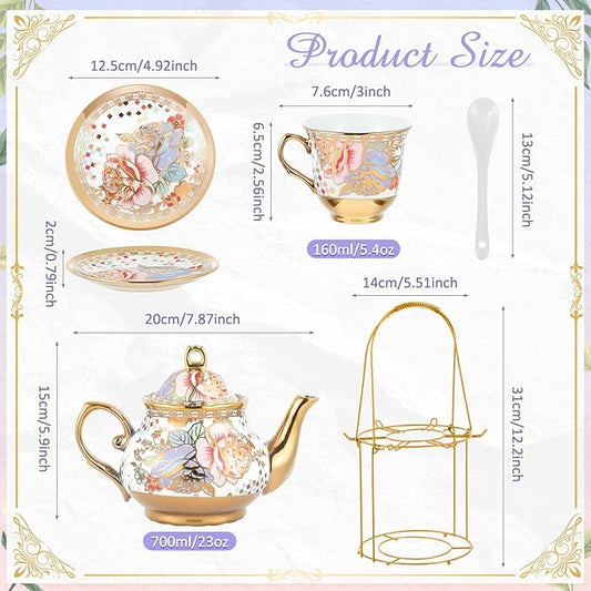 Zhehao 20 Pcs Porcelain Tea Set with Metal Holder and Spoon Adult Ceramic Tea Set European Flower Painting Teapot Cup Saucer Spoon for Women, Large Version(Rustic Style)