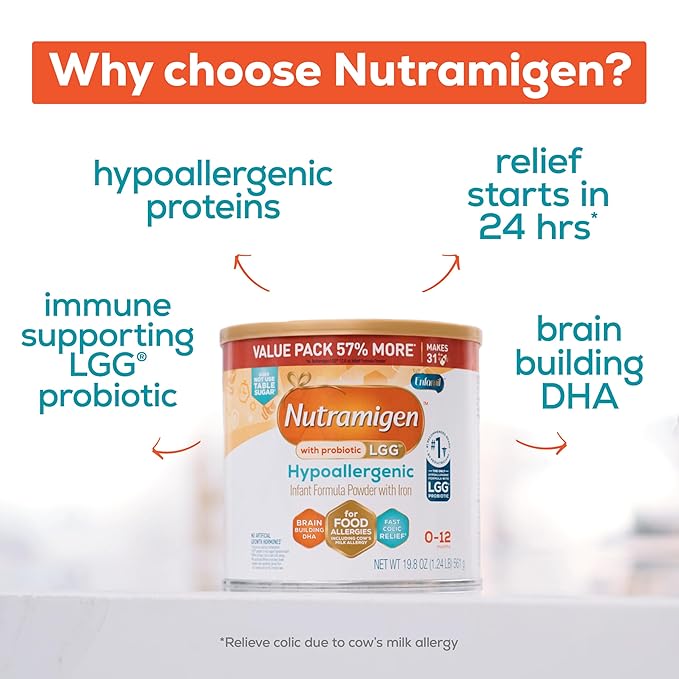 Enfamil Nutramigen Hypoallergenic Baby Formula with Iron, Lactose Free, Colic Relief from Cow's Milk Allergy Starts in 24 Hours, Brain Building DHA, Probiotic LGG for Immune Support, 19.8 Oz Can