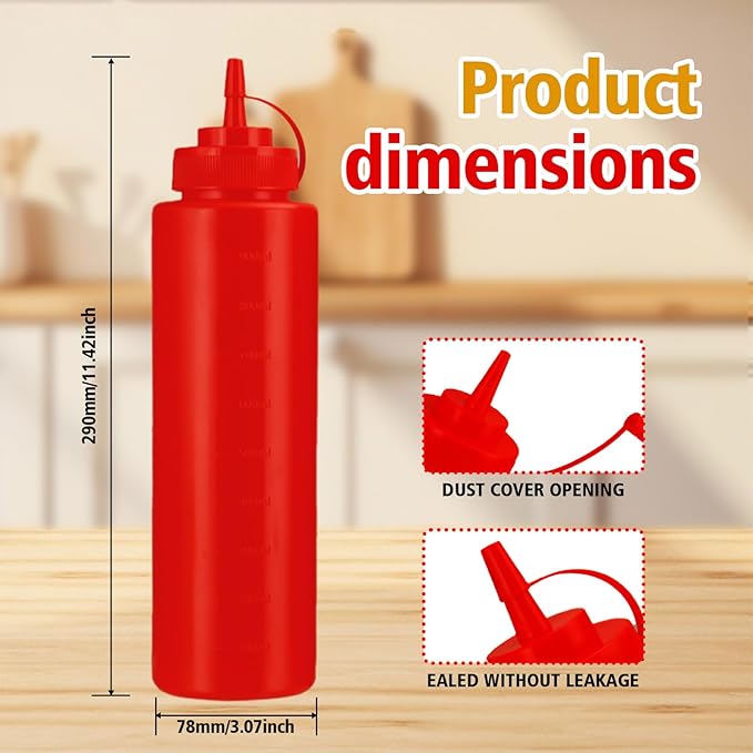 Squeeze Bottles for Sauces,Leak-Proof Condiment Dispenser, BPA-Free Kitchen Restaurant Squeeze Bottle Set with Wide Mouth for Ketchup, Mustard,Syrup,Dressings (Red, 4Pack-32oz(900ml))