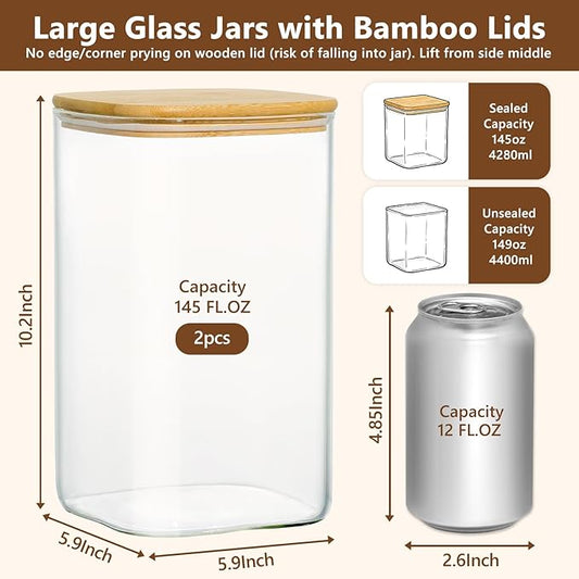 KEYWING 145oz Glass Flour Storage Containers with Bamboo Lids, Set of 2 Large Square Pantry Jars, Big Wide Mouth Canisters for Sugar, Rice, Cereal, Beans, Cookie & Dry Goods