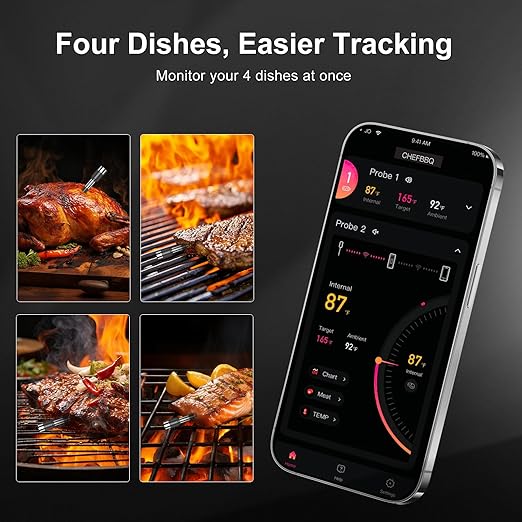 Wireless Smart Meat Thermometer with 4 Probes & APP Alerts, 800ft Bluetooth Grill Thermometer, 0.19In Ultra Thin Probes, ±0.5℉ Accuracy, Big Digital Backlit Screen, for Kitchen BBQ, Oven, Smoker