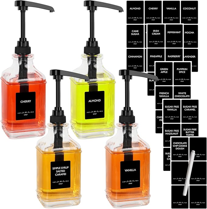 STARSIDE 16 oz Coffee Syrup Dispenser,4 pcs Clear Glass Syrup Bottle with 1/4oz Capacity Pump,Syrup Dispenser for Coffee Bar with Plastic Pump and Syrup Labels