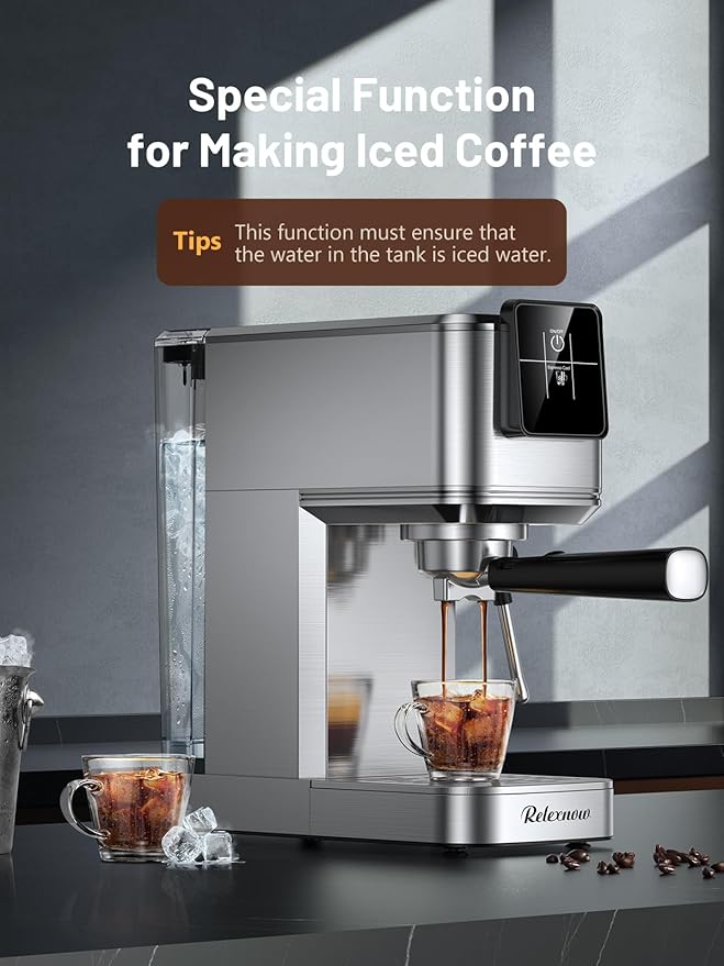 Espresso Machine, 20 Bar Espresso Maker Milk Frother & LCD Panel, Hot & Iced Coffee Machine, Stainless Steel Espresso Coffee Machine with 41oz Water Tank for Cappuccino, Latte