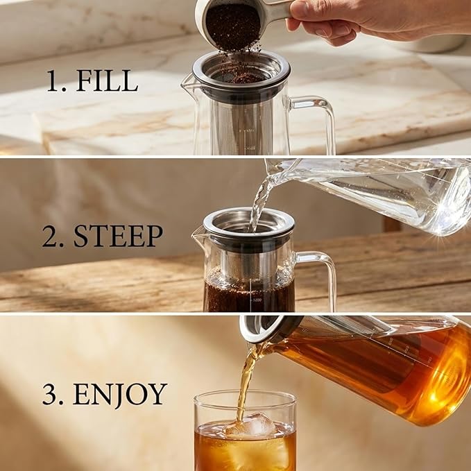 Cold Brew Coffee Maker & Ice Tea Maker, 1.4L/48oz Cold Brew Pither, Borosilicate Glass Carafe with Stainless Steel Filter, Airtight Lid, Dishwasher Safe, Easy to Use | Mannual & Brush Included