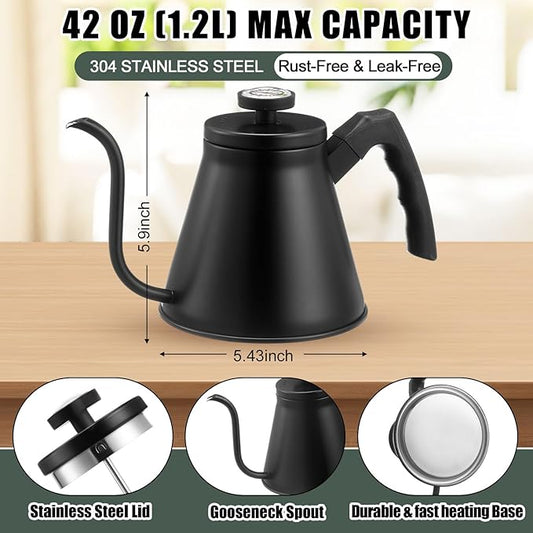 2 Pack 40 oz Gooseneck Kettle with Thermometer Stainless Steel Pour over Coffee Kettle Precision Drip Spout for Stovetop Home Kitchen Camping(Black)