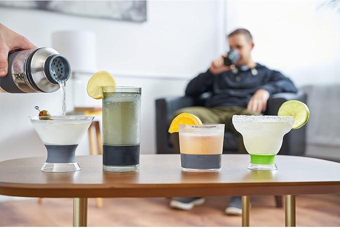 Host Freeze Insulated Martini Cooling Cups, Plastic Freezer Gel Chiller Double Wall Stemless Cocktail Glass Set of 2, 9 oz, Grey