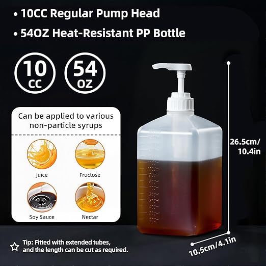 Large Capacity Syrup Dispenser for Coffee Bar High Temperature Resistant, 54oz 1600ml PET Syrup Bottle w Measuring Cup and Funnel, Dispenser Bottle w Upgraded Pump