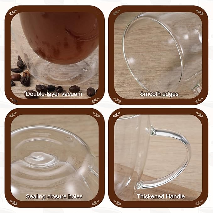 4 Pack Double Wall Glass Coffee Mugs 12 Oz Clear Coffee Mugs with Handle Insulated Cups Glass Mug Heat Resistant Tea Cups for Tea Bag Hot Cold Drink