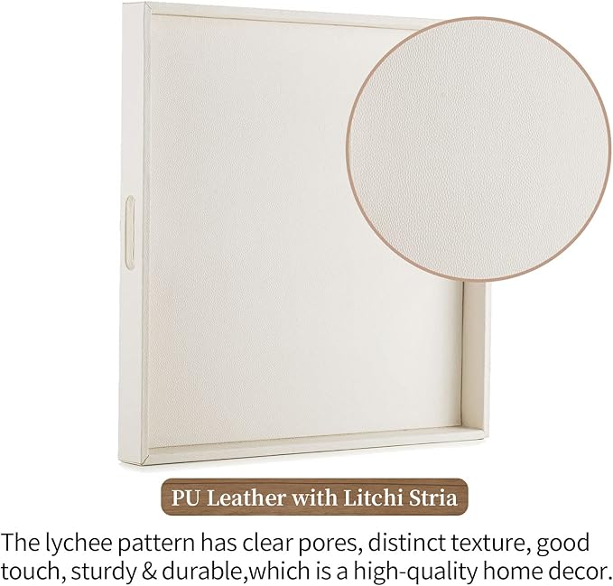 Hanobe Square Large Ottoman Tray: Extra Large White Serving Tray for Ottomans Big Leather Decorative Tray with Handles for Coffee Table Living Room 22" x 22"