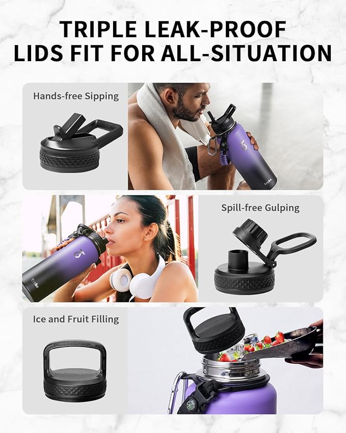 Trebo Water Bottle 40oz with Paracord Handle, Half Gallon Large Vacuum Double Wall Stainless Steel Insulated Water Jug with Holder Strap Straw Spout Lids, Leakproof Keep Cold & Hot,Dark Purple