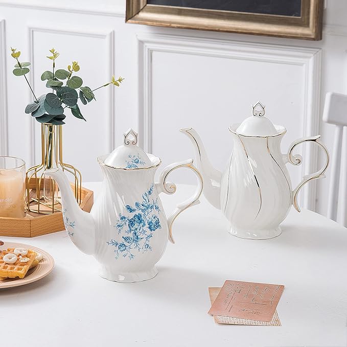 tea pot ceramic, Porcelain teapot with lid, 38.8 Oz for Tea, Milk, Coffee, Flower tea(Blue)