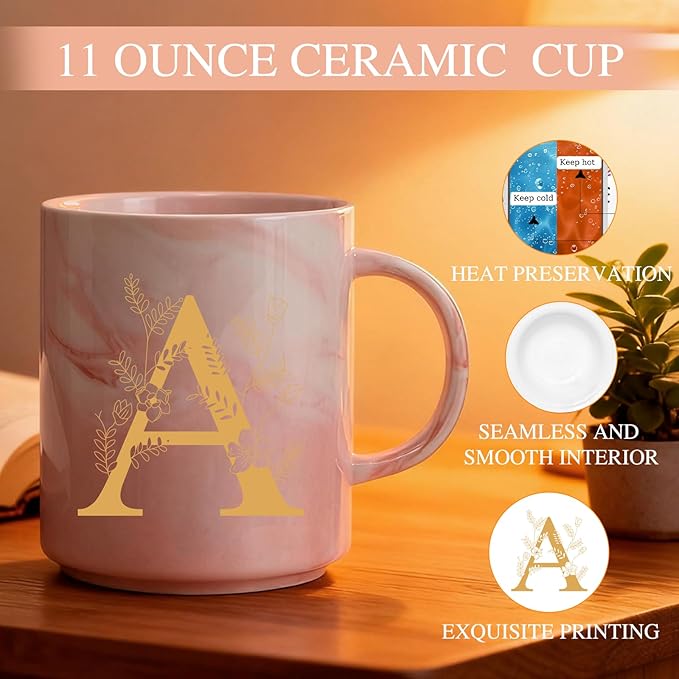Monogrammed Christmas Gifts for Women, 11 oz Initial Ceramic Coffee Tea Mug with Necklace, Unique Birthday Gift for Her Wife Teacher Friend Mom, A