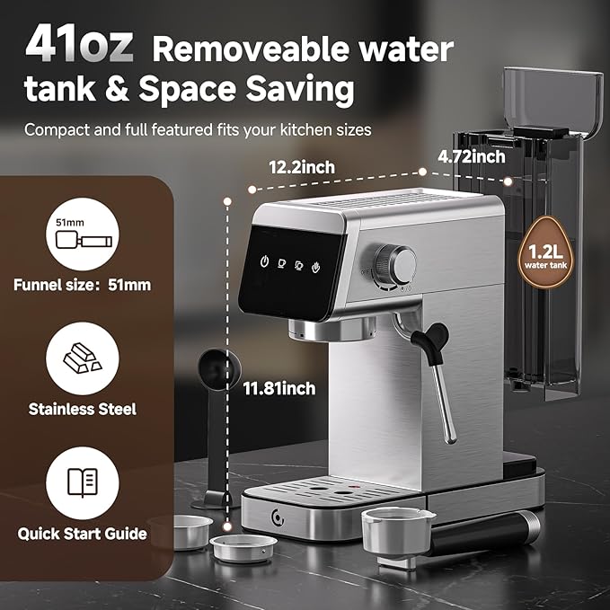 AMZCHEF Espresso Coffee Machine | 20 Bar Pressure System | LED Touch Screen | Compact Design Perfect for Home & Office | 41oz Water Tank