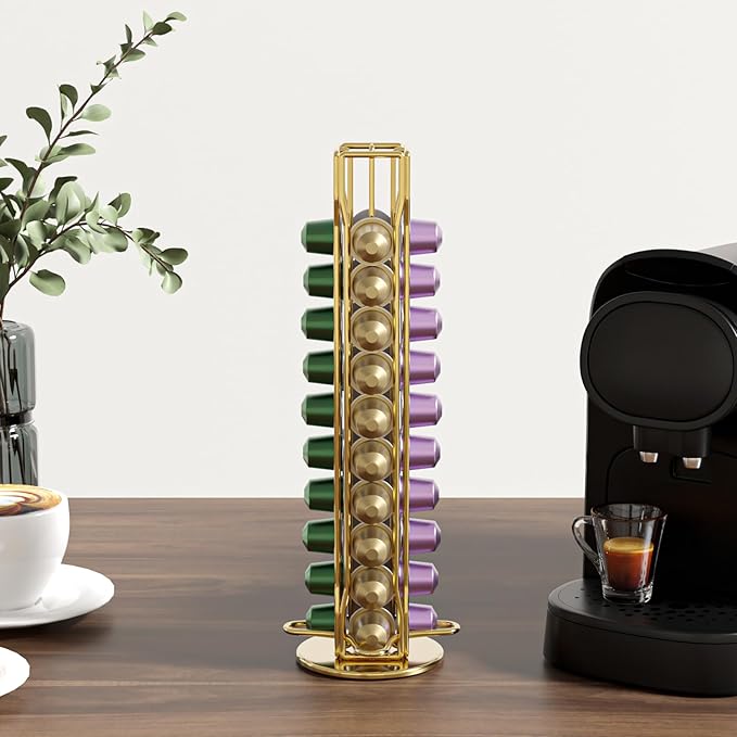 SEVENLINE Coffee Pod Holder Stand Compatible With Nespresso Original Pods Carousel Storage Rack Capsules Organizer For 40 Capsules (Gold)