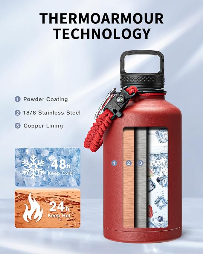 Trebo Water Bottle 64oz with Paracord Handle, Half Gallon Large Vacuum Double Wall Stainless Steel Insulated Water Jug with Holder Strap Straw Spout Lids, Leakproof Keep Cold & Hot, Red