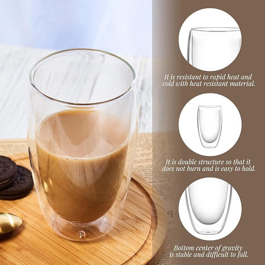 Glass Coffee Cups Set of 4, 15 oz Insulated Double Wall Glass Espresso Cups, Coffee Mug for Espresso, Cappuccino, Latte, Tea