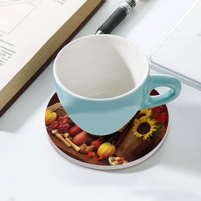 Round-6PCS Red Wine Drink Coasters, Round Modern Ceramic Absorbent Coasters, Vintage Style Floral Red Wine Grapes Sunflower Decor Desk Coffee Table Coaster for Beverage Cup Tea Coasters