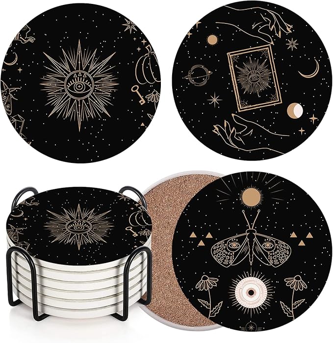 Britimes Table Coaster for Drinks Set of 6, Cute Black Mystical Animals Magic Coffee Absorbent Round Ceramic Stone Mat, with Cork Base and Metal Holder, Gift for Housewarming Room Bar Decor