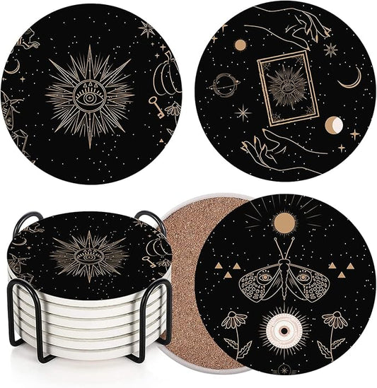 Britimes Table Coaster for Drinks Set of 6, Cute Black Mystical Animals Magic Coffee Absorbent Round Ceramic Stone Mat, with Cork Base and Metal Holder, Gift for Housewarming Room Bar Decor