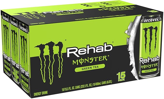 Monster Energy Rehab Green Tea + Energy, Energy Drink 15.5 Ounce | Energy Iced Tea, Pack of 15