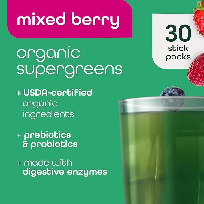 Zena Nutrition Organic Super Greens Powder, 70+ Superfoods, 0 Sugar, 3g Fiber, Spirulina, Chlorella, Mushrooms, Prebiotics/Probiotics, Digestive Enzymes, Gut Health, Mixed Berry, 30 Drink Mix Packets
