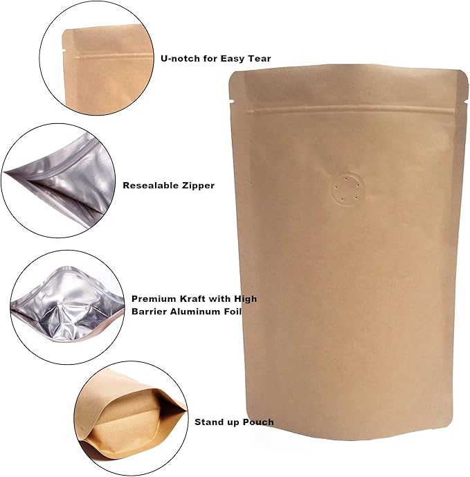 100 Pack Kraft Coffee Bags with Zipper Lock, High Barrier Resealable Stand Up Coffee Pouches, Degassing Valve for Coffee, Size for 4oz/ 100 Grams Beans or Grounded