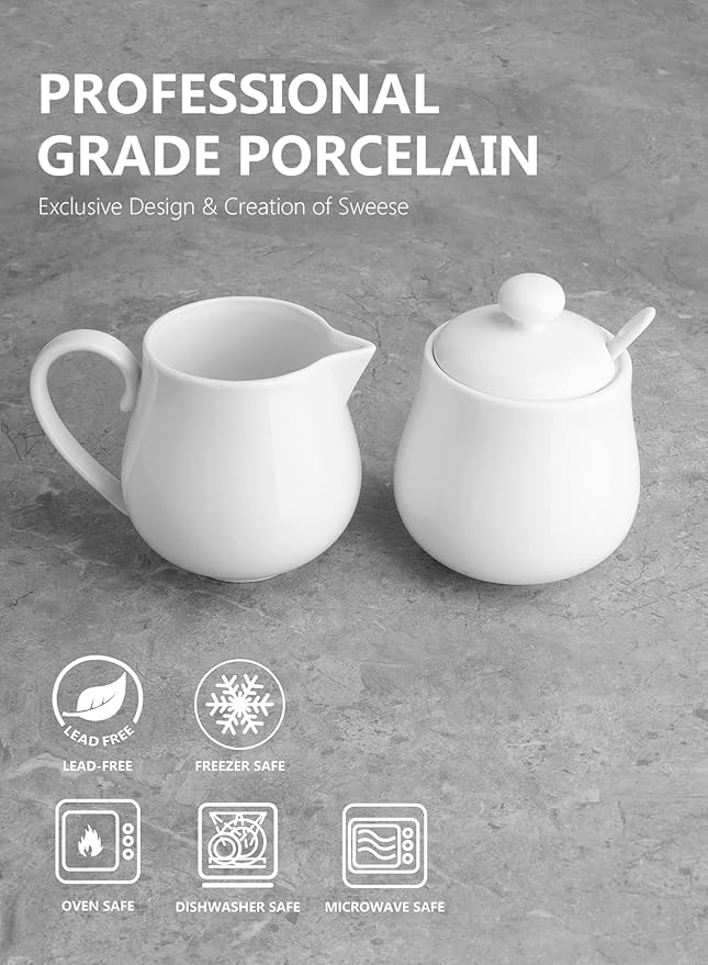 Sweese 12 Ounce Porcelain Sugar and Creamer Set, Coffee Serving Set, 3 Piece with Creamer Pitcher, Sug