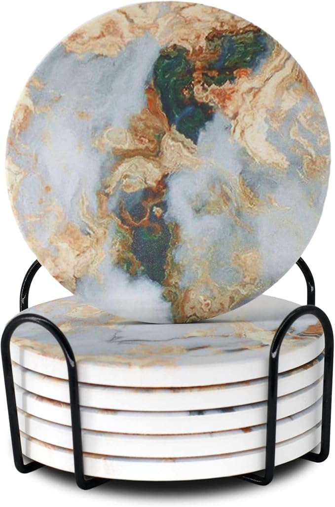 White Marble Ceramic Coasters with Holder Absorbent Drink Coaster Set Outdoor Round Abstract Cute Table Decorative Coffee Cup Beverage Fun Wine Beer Bar Gold Housewarming 6 Pack