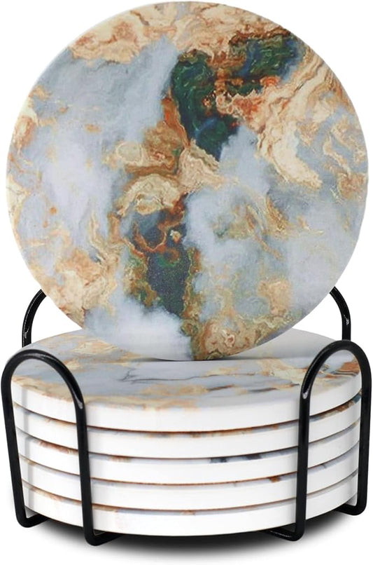 White Marble Ceramic Coasters with Holder Absorbent Drink Coaster Set Outdoor Round Abstract Cute Table Decorative Coffee Cup Beverage Fun Wine Beer Bar Gold Housewarming 6 Pack