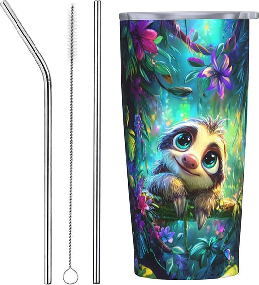 Sloth Tumbler with Lid and Straw 20oz Coffee Tumblers Leakproof Stainless Steel Travel Mug Vacuum Insulated Cup for Iced and Hot