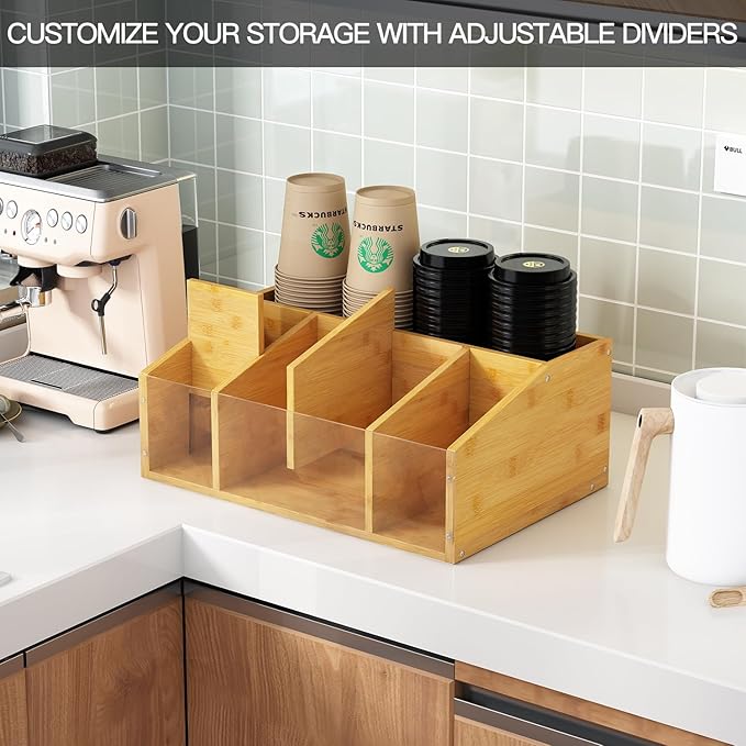 AEEHFENG Coffee Station Organizer Condiment Organizer for Countertop Farmhouse Coffee Caddy with Removable Dividers Small Cute Office Bar Accessories for Tea Bags, Pods, Syrup, Cups, and Stirrer
