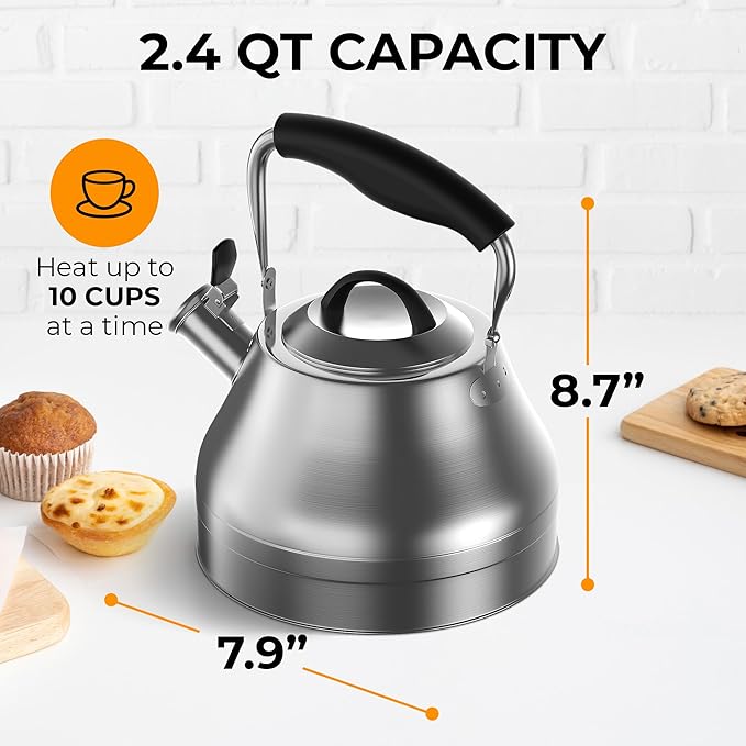 Stovetop Whistling Tea Kettle – 2.4 QT Stainless Steel Teapot with Ergonomic Handle, Fast Heating for Gas, Electric & Induction Stoves – Satin Finish, Silver