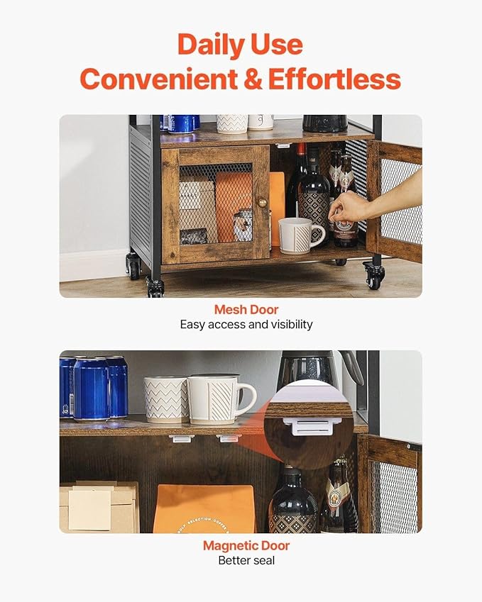 24 Inch Farmhouse Coffee Bar Cabinet with Wheels, Mobile Station with Mesh Door & Storage, Sideboard for Kitchen, Entryway, and Dining Room