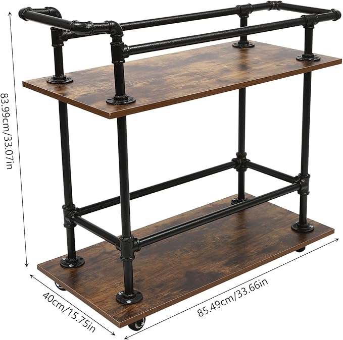 Industrial Bar Cart with Wheels, 2-Tier Rolling Kitchen Serving Cart, Mobile Wine Rack Storage Cart with Locking Casters for Home Bar Cafe Office