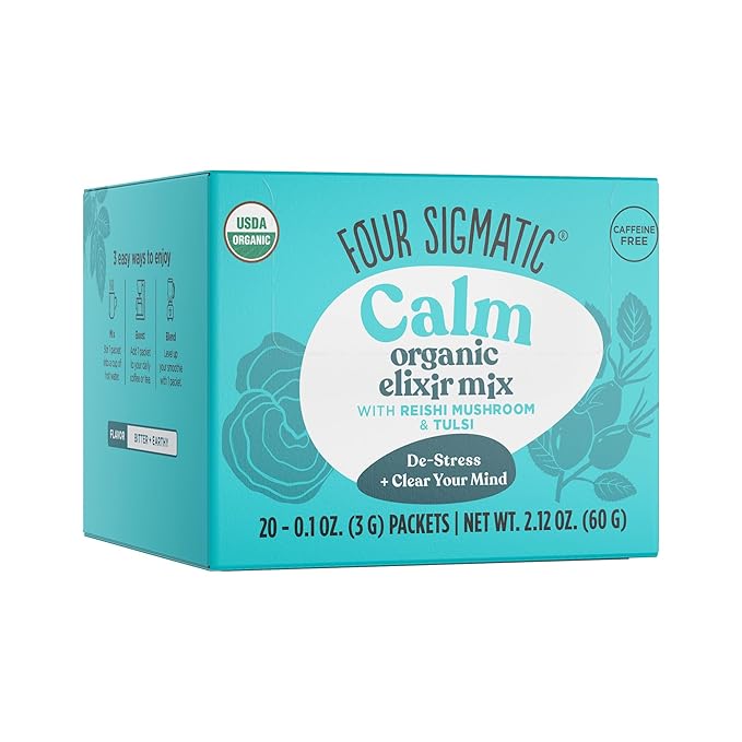 Four Sigmatic Reishi Mushroom Elixir | Coffee Alternative with Organic Reishi Mushroom Powder, Tulsi, Rose Hips & Mint | Support Stress & Sleep | Decaf, Vegan, Gluten-Free & Keto | 20 Packets