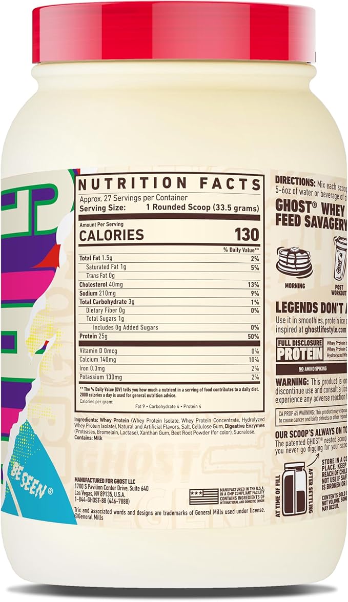 GHOST Whey Protein Powder, Trix Cereal Milk - 2LB, 25G of Protein - Whey Protein Isolate & Concentrate Blend - Post Workout Fitness & Nutrition Shakes, Smoothies & Baking - Soy & Gluten-Free